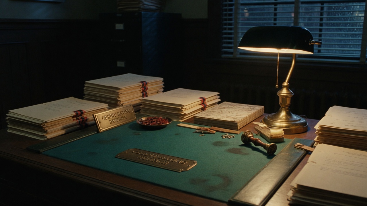 Credit-rating office at night with a banker's lamp and manila folders on felt